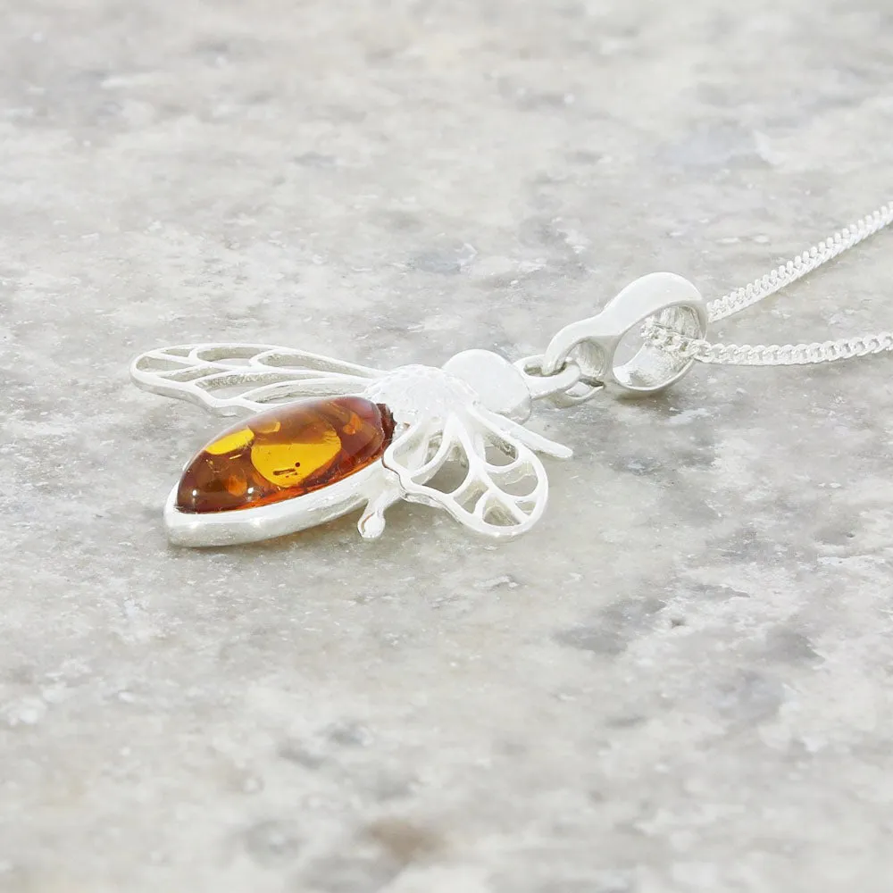 Amber Sterling Silver Bee Pendant and Chain