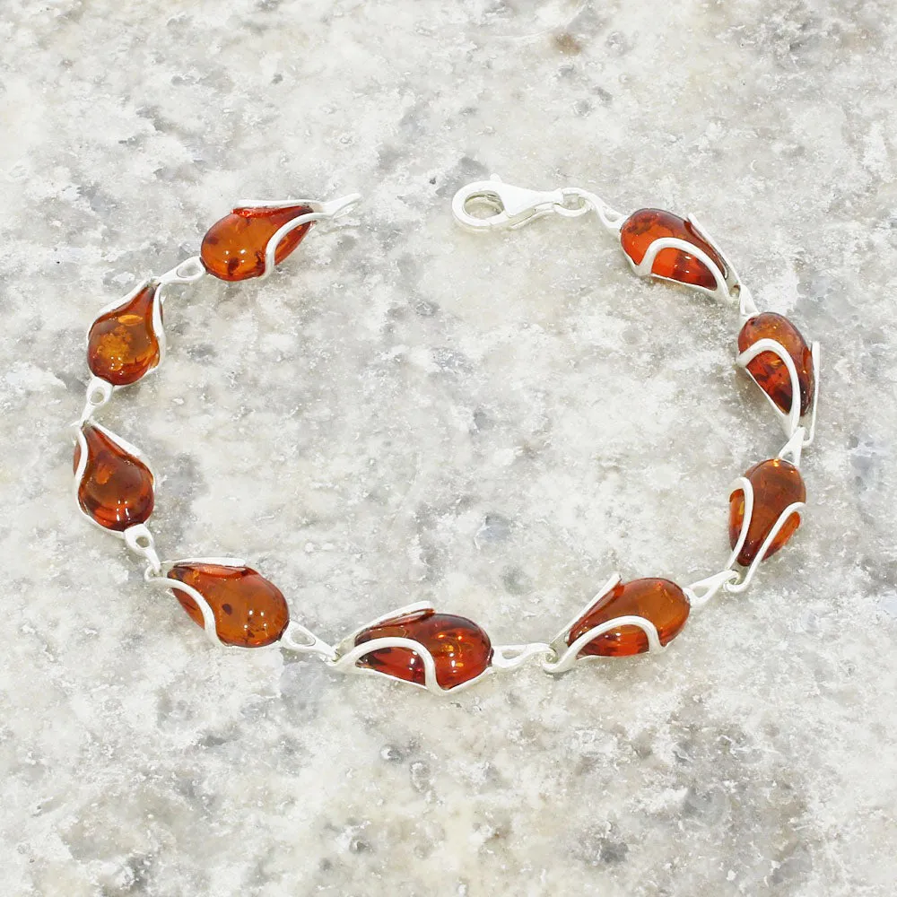 Amber Teardrop Sterling Silver Ladies Link Bracelet