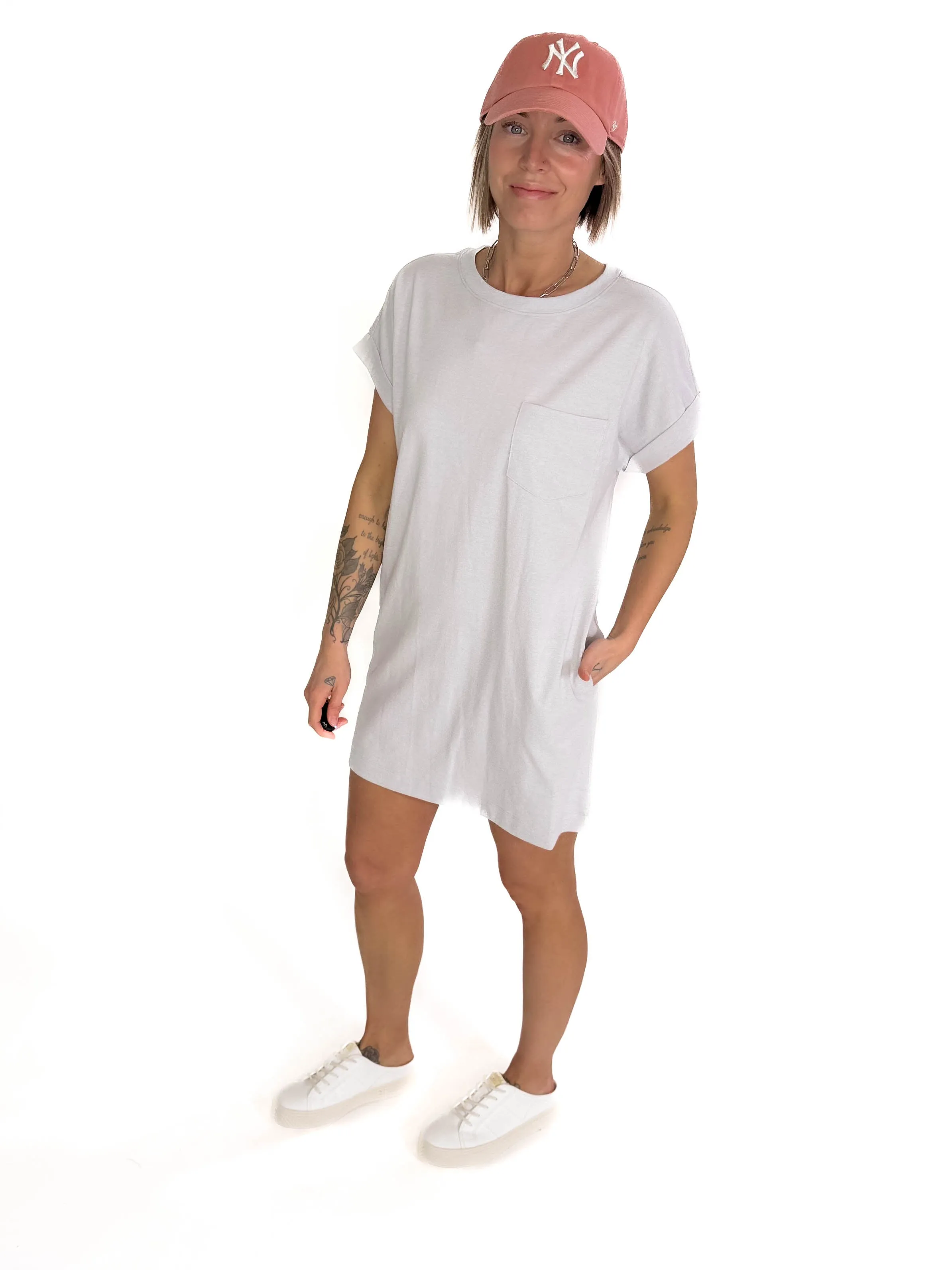 Aylie Cotton Pocket T-Shirt Dress- HTHR GREY