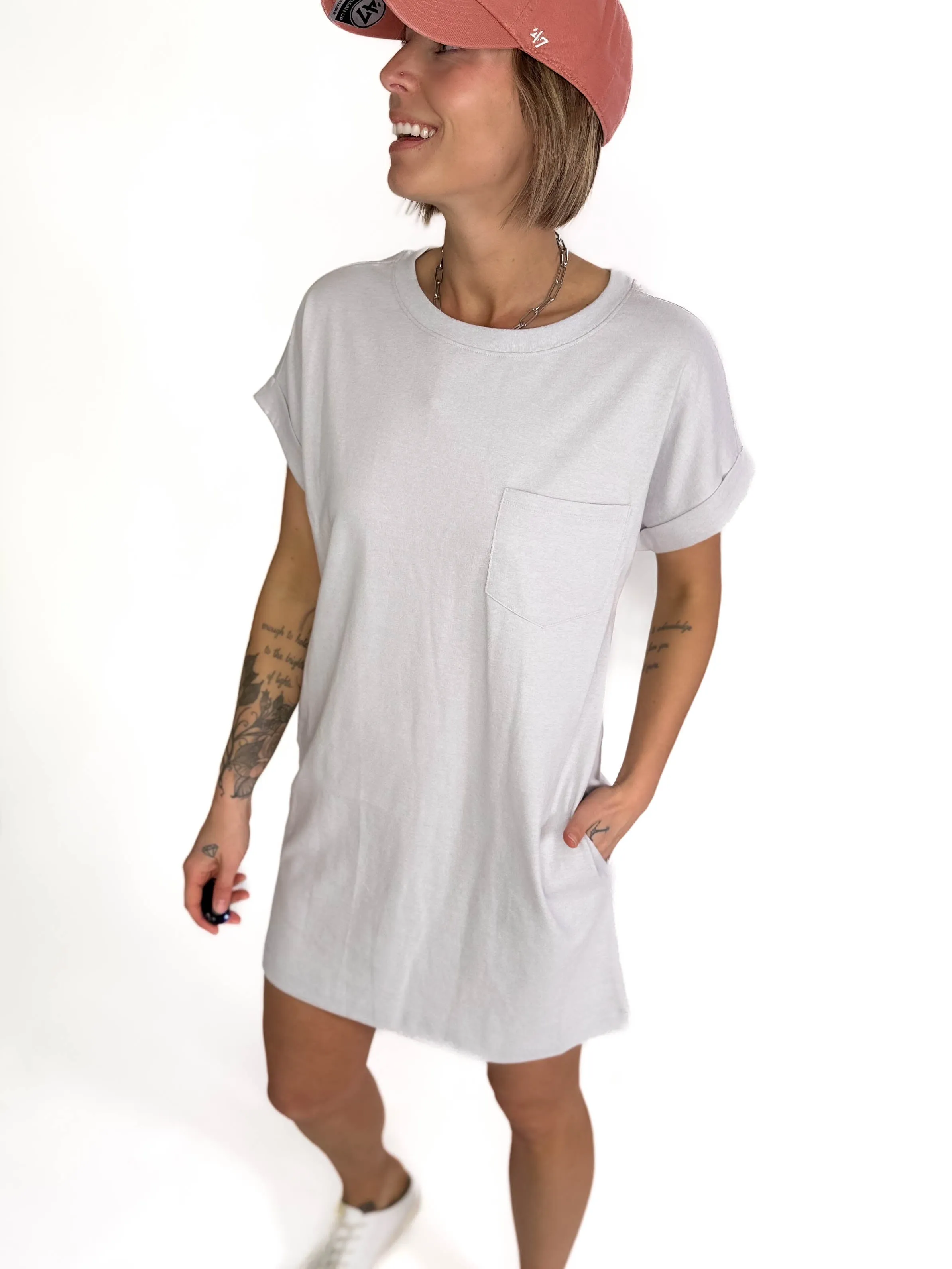 Aylie Cotton Pocket T-Shirt Dress- HTHR GREY