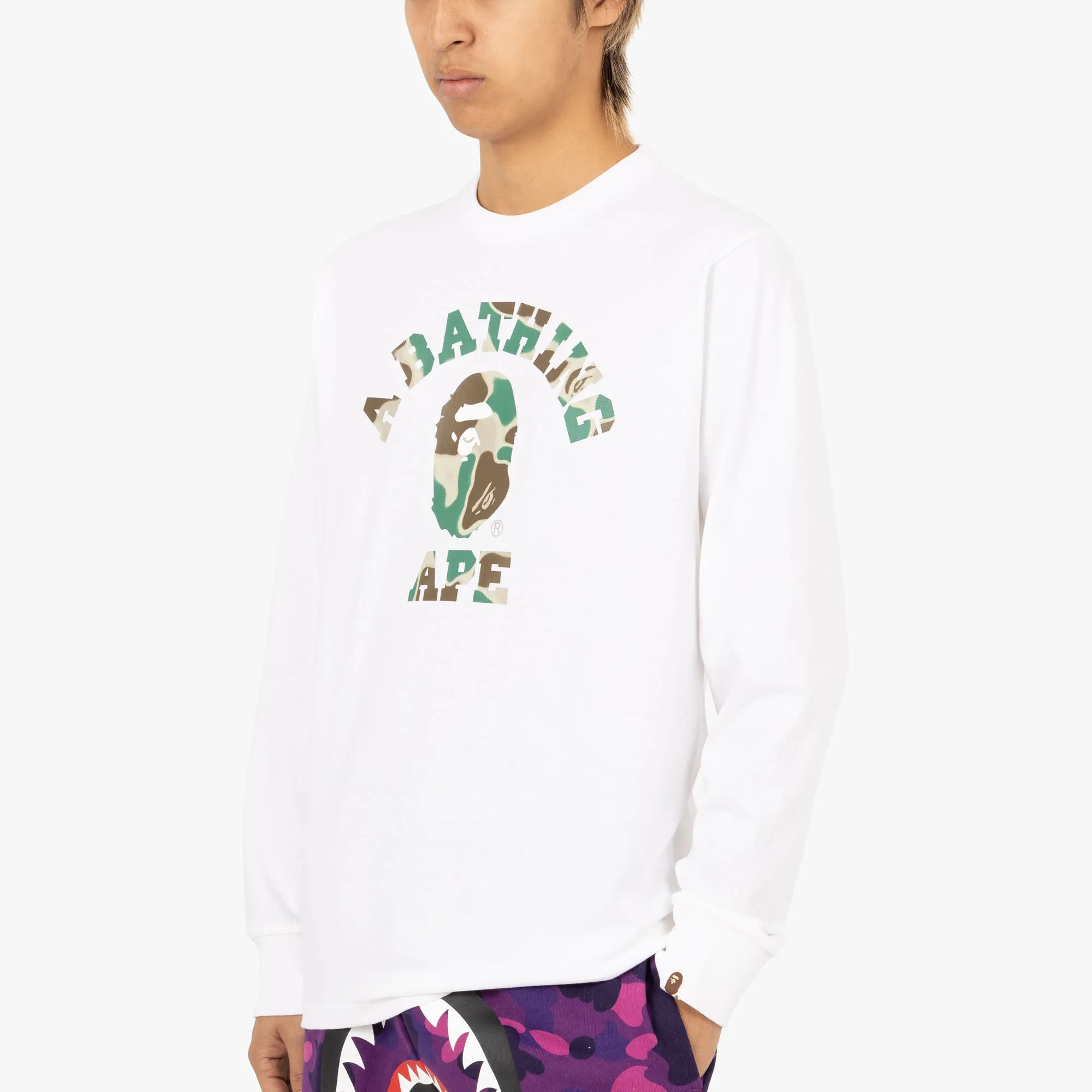 BAPE Liquid Camo College Long Sleeve Shirt / White