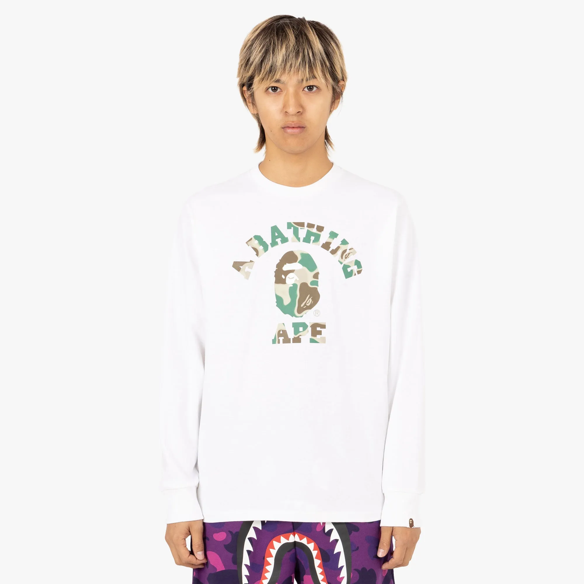 BAPE Liquid Camo College Long Sleeve Shirt / White