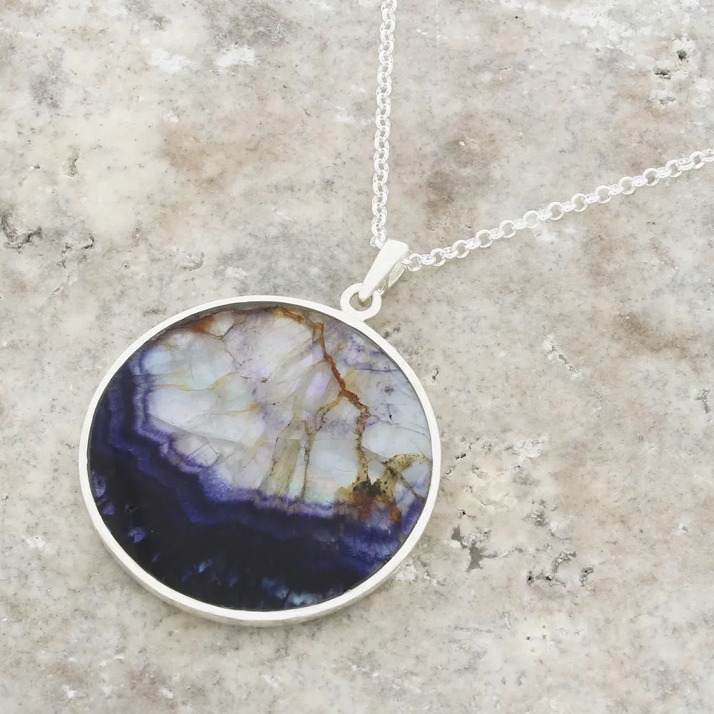 Derbyshire Blue John Silver Tree of Life Large Round Pendant and Chain