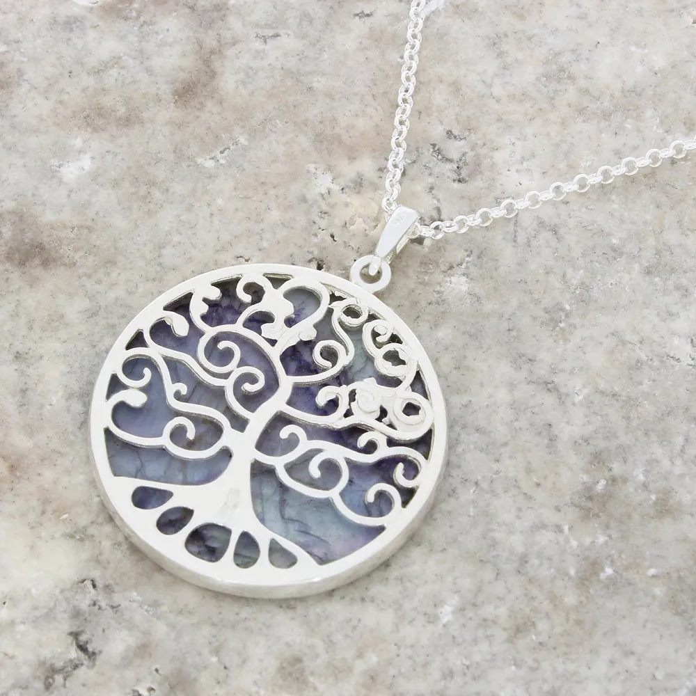 Derbyshire Blue John Silver Tree of Life Large Round Pendant and Chain