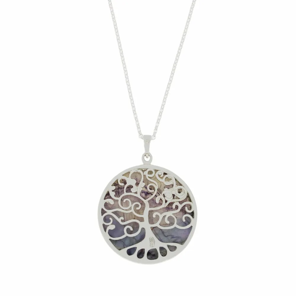 Derbyshire Blue John Silver Tree of Life Large Round Pendant and Chain
