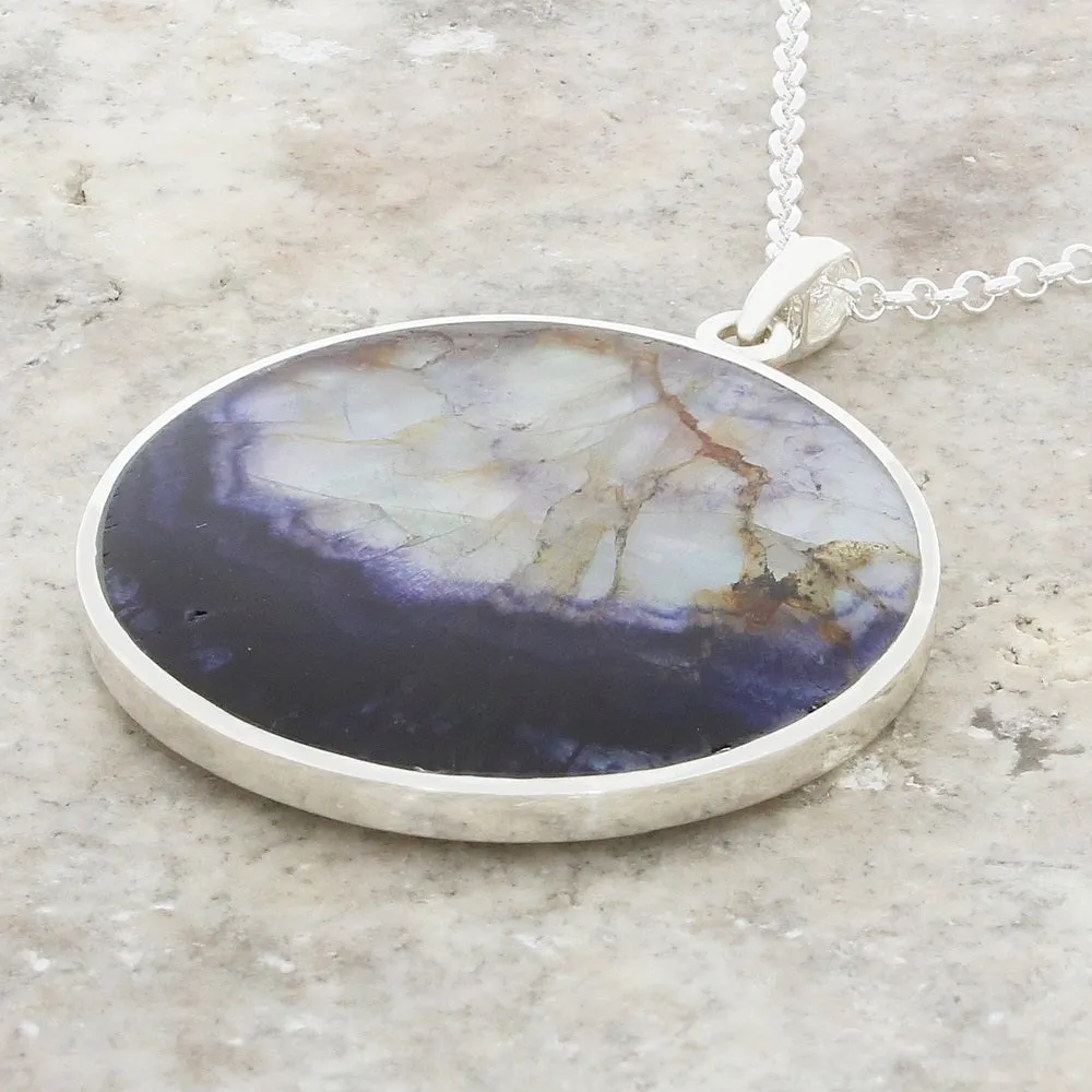 Derbyshire Blue John Silver Tree of Life Large Round Pendant and Chain