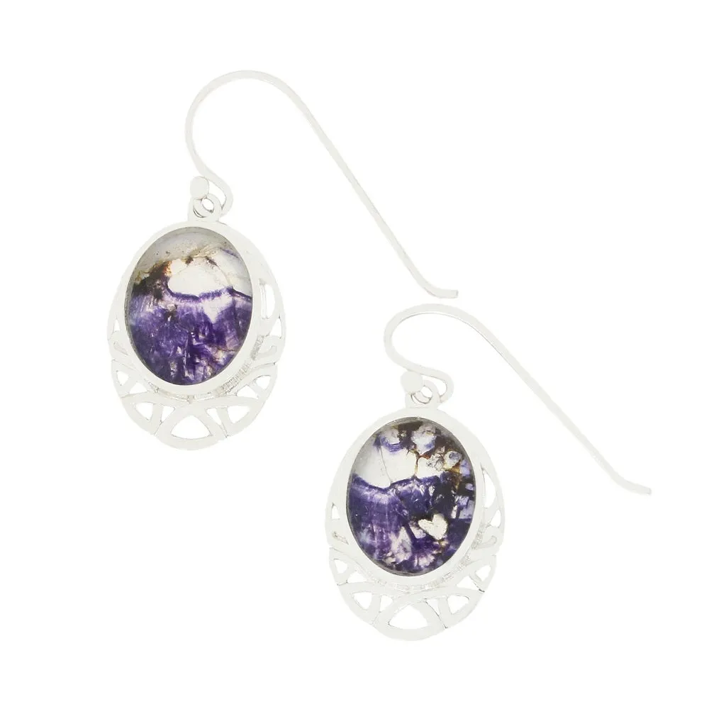 Derbyshire Blue John Sterling Silver Oval Celtic Drop Earrings