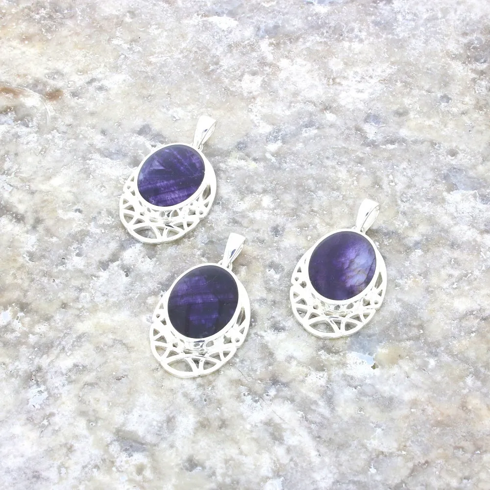 Derbyshire Blue John Sterling Silver Oval Celtic Pendant and Chain