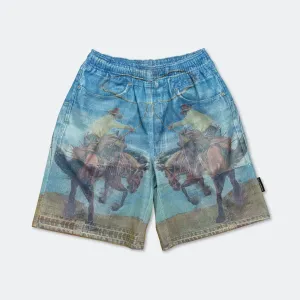 Double Layer Cowboy Printed Mesh Shorts - Blue