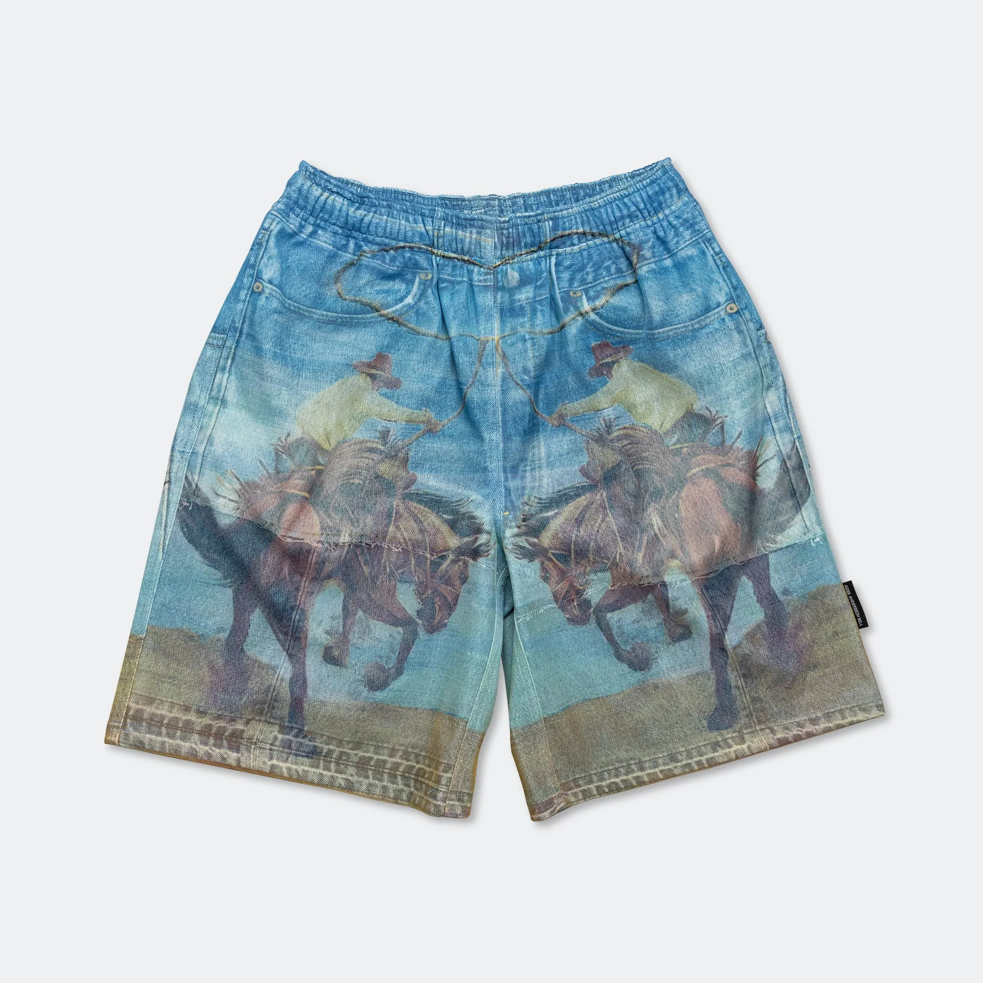 Double Layer Cowboy Printed Mesh Shorts - Blue