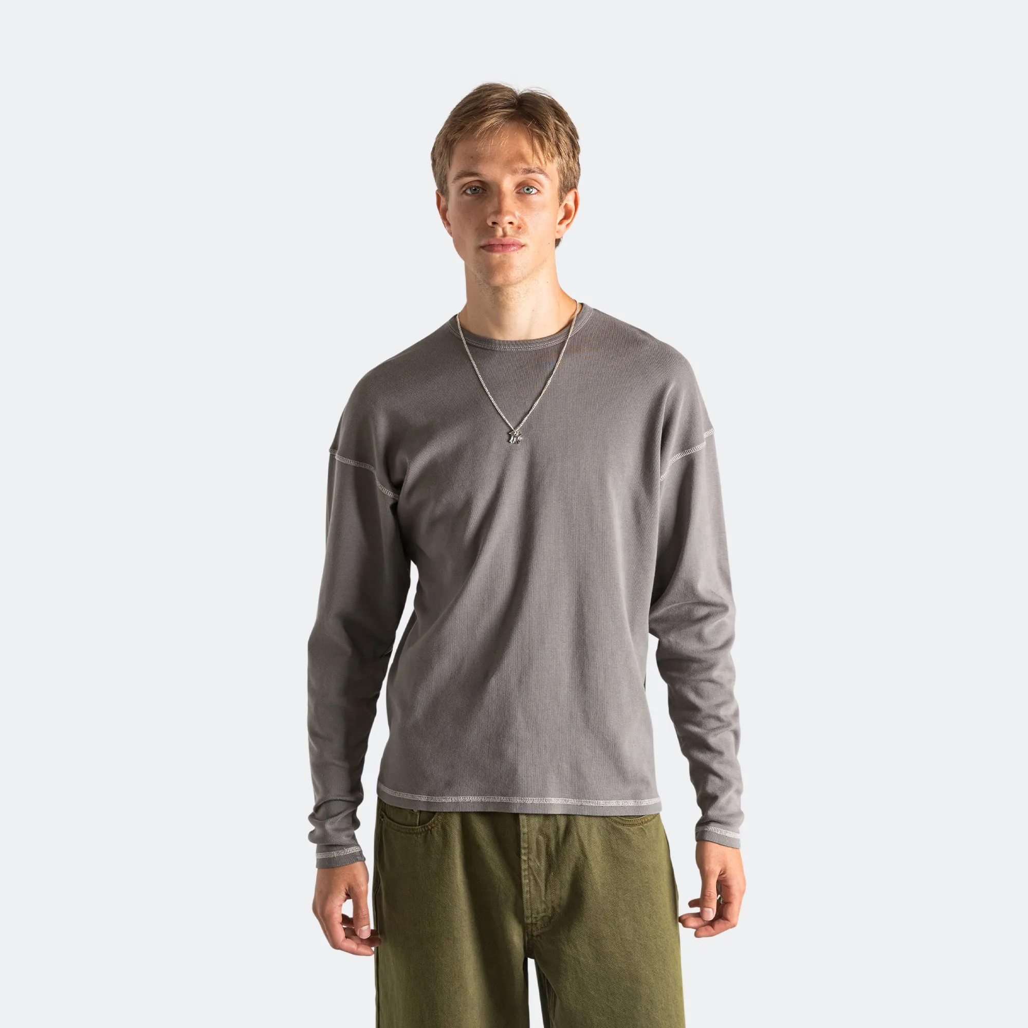 Heavy Rib Knit Long Sleeve Tee - Grey