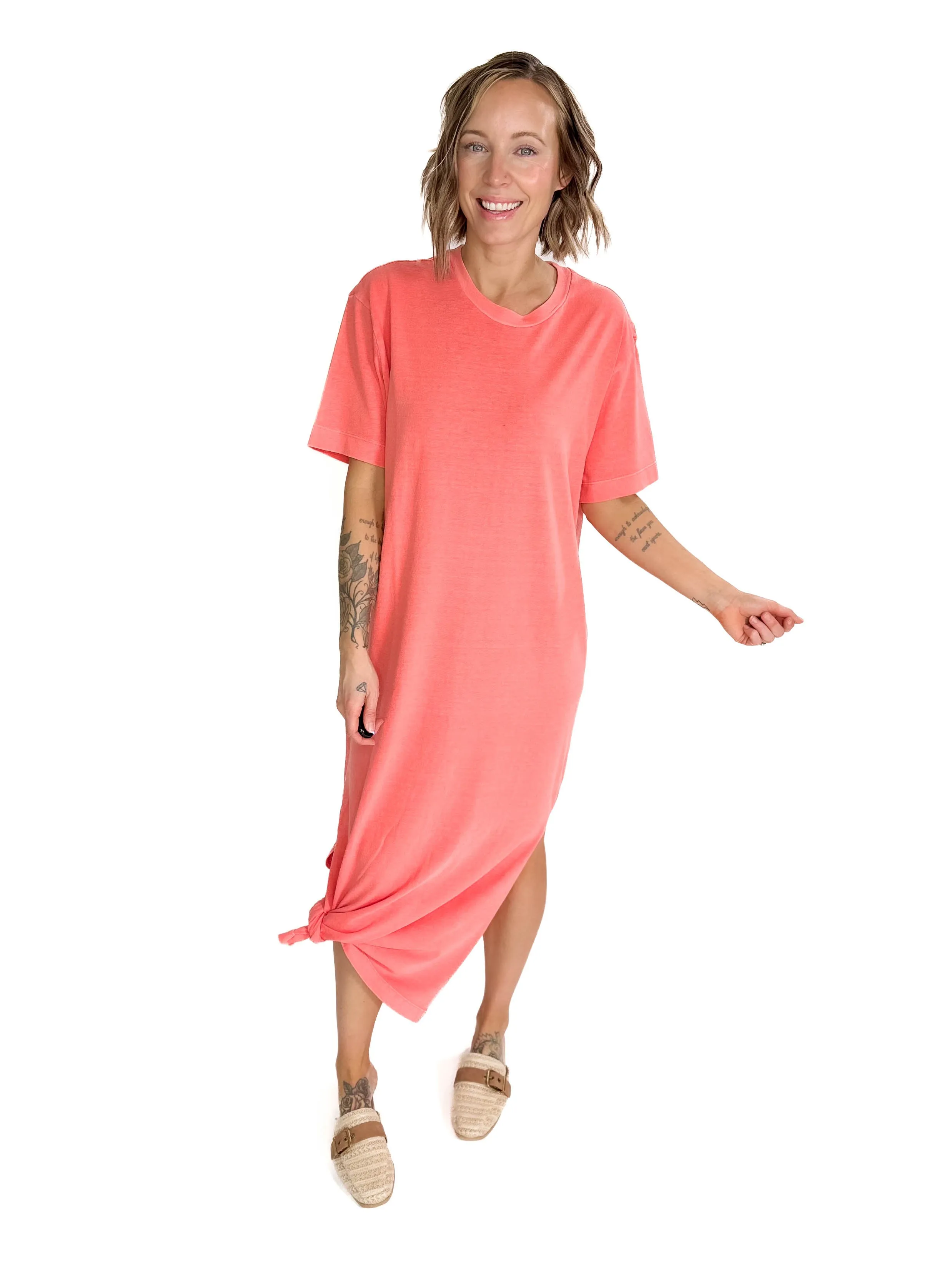 Juliana Cotton Midi T-Shirt Dress- CORAL