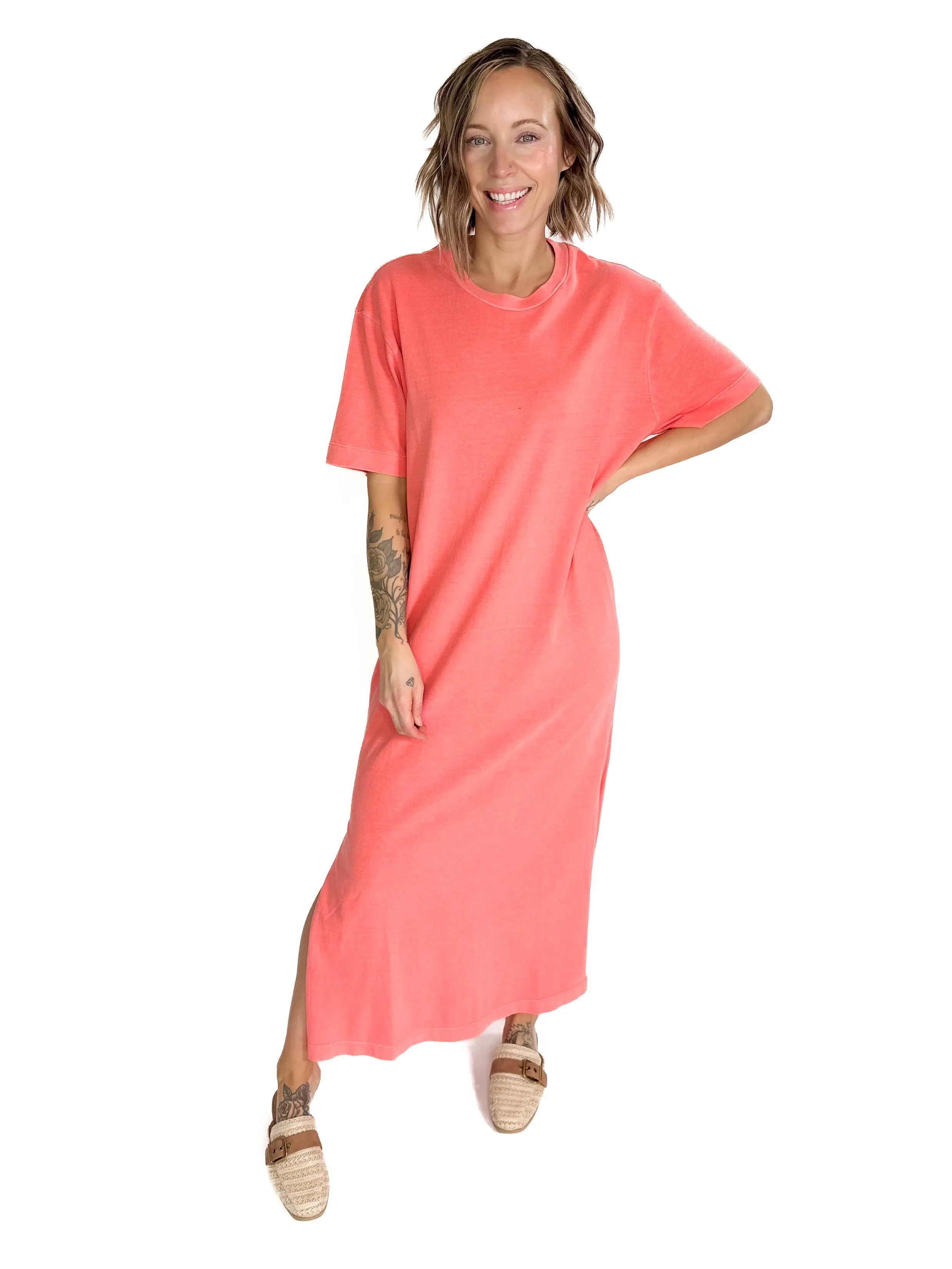 Juliana Cotton Midi T-Shirt Dress- CORAL