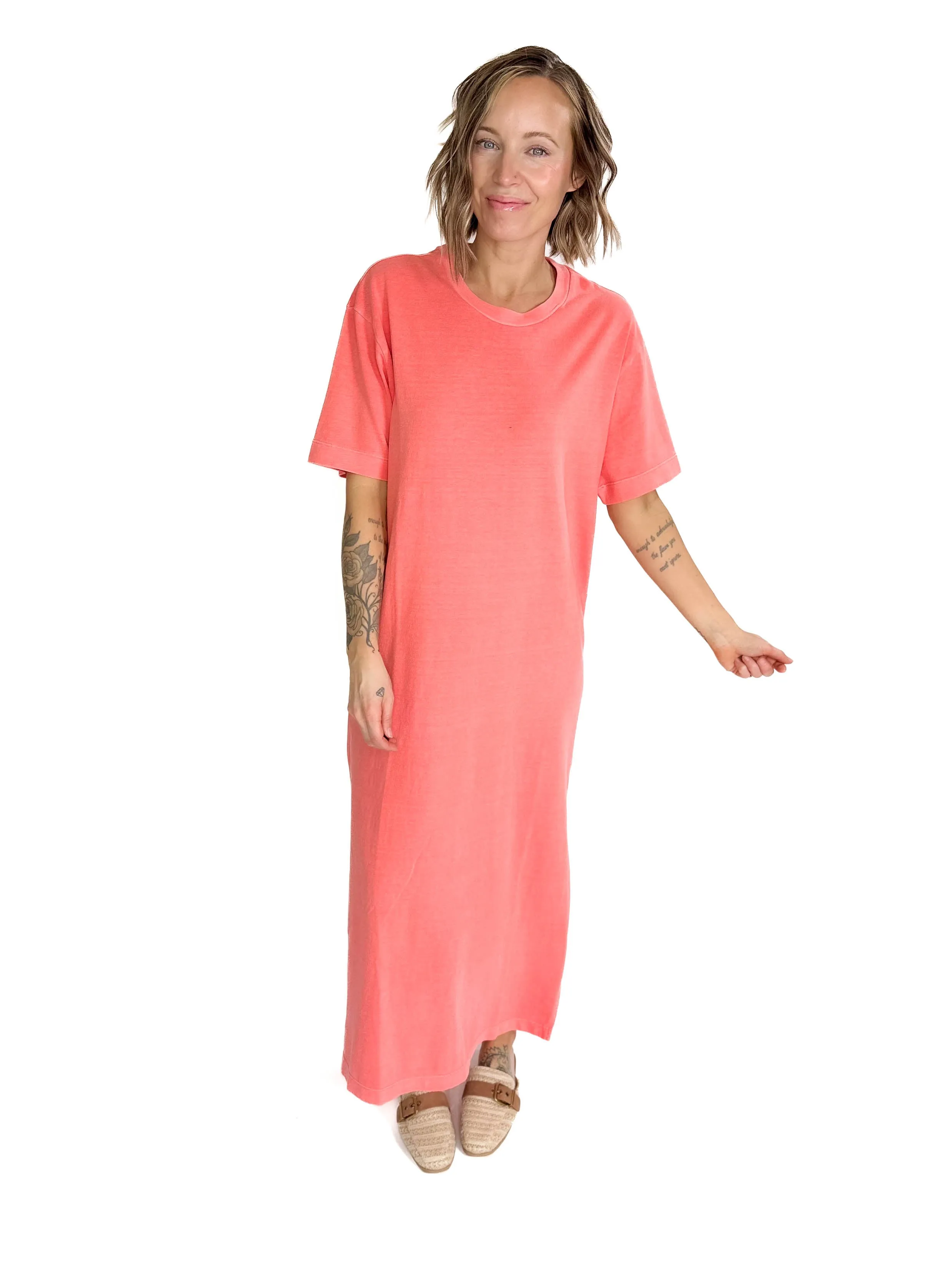 Juliana Cotton Midi T-Shirt Dress- CORAL