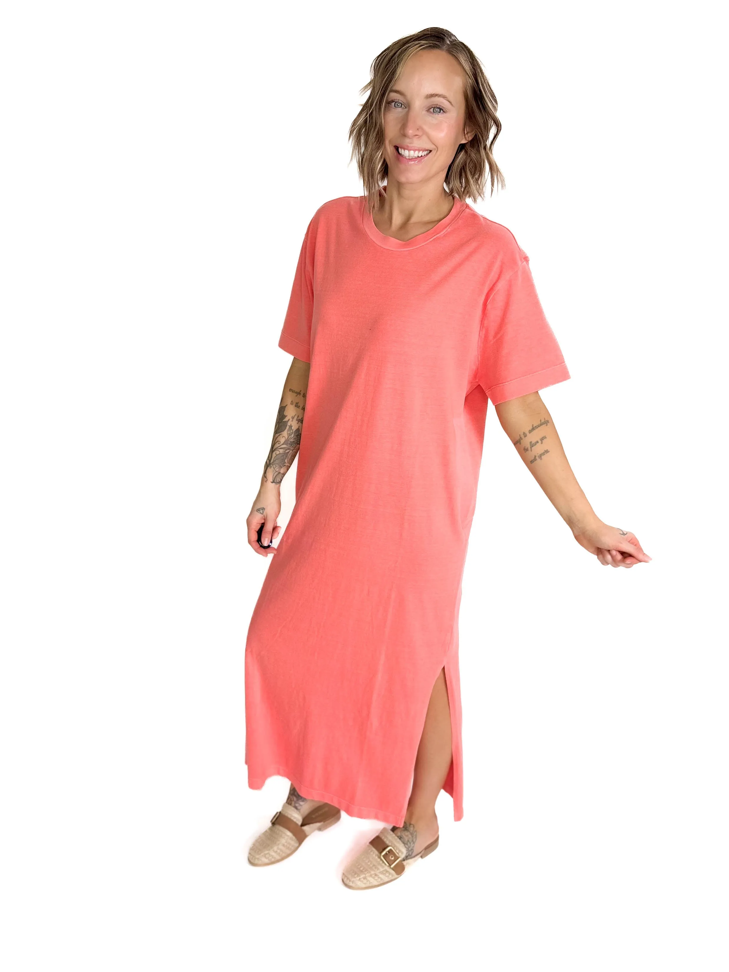 Juliana Cotton Midi T-Shirt Dress- CORAL