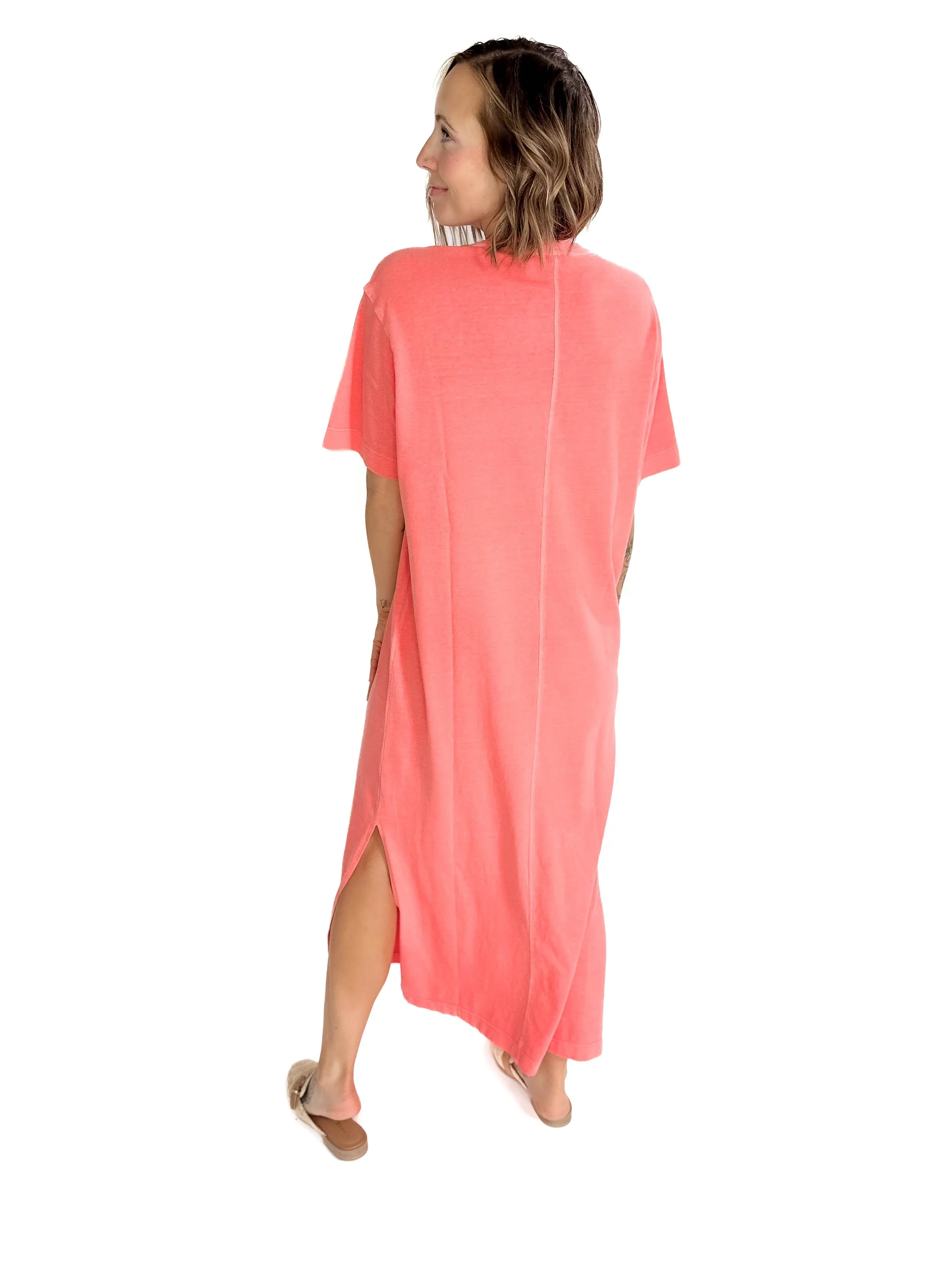 Juliana Cotton Midi T-Shirt Dress- CORAL