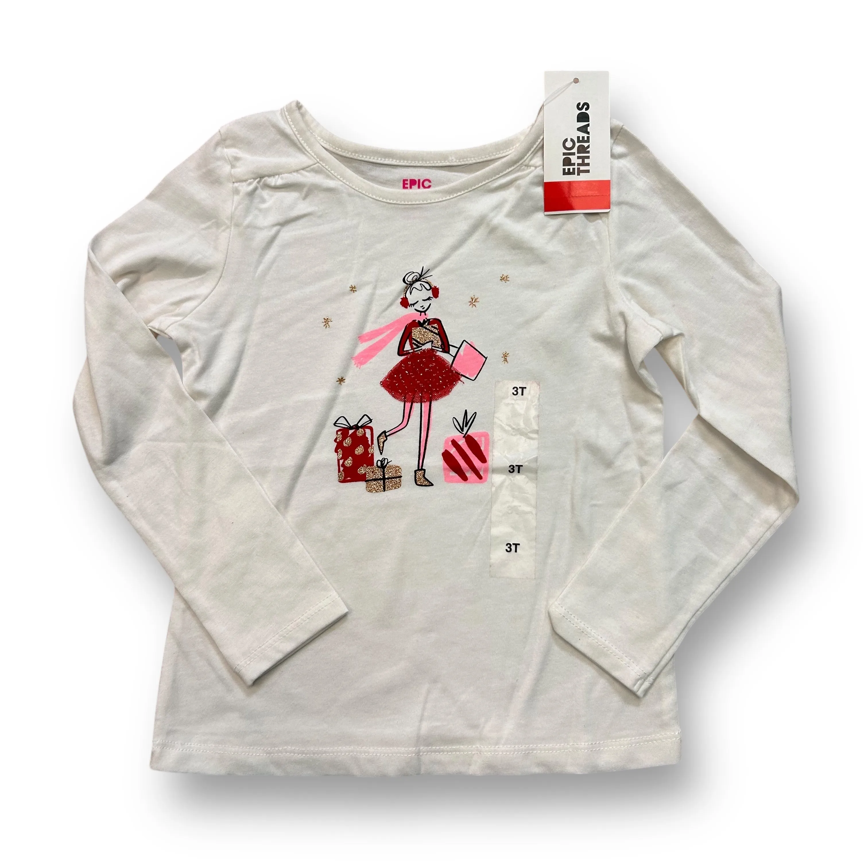 NEW! Girls Epic Threads Size 3T Off-White 3D Christmas Shopping Shirt
