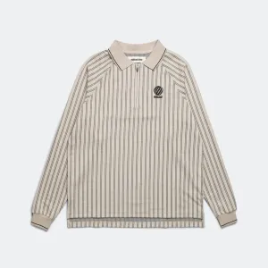 Ribbed LS Striped Polo - Tan