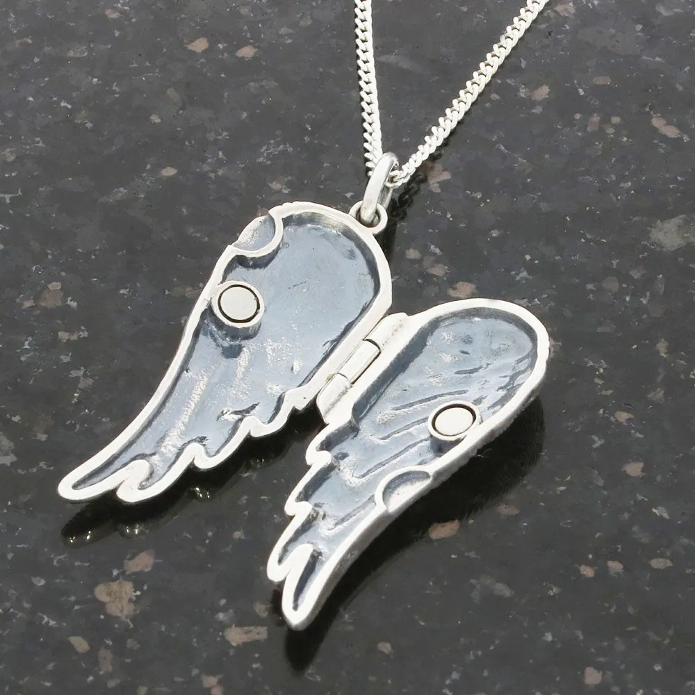 Sterling Silver Angel Wing Ladies Locket Pendant & Chain