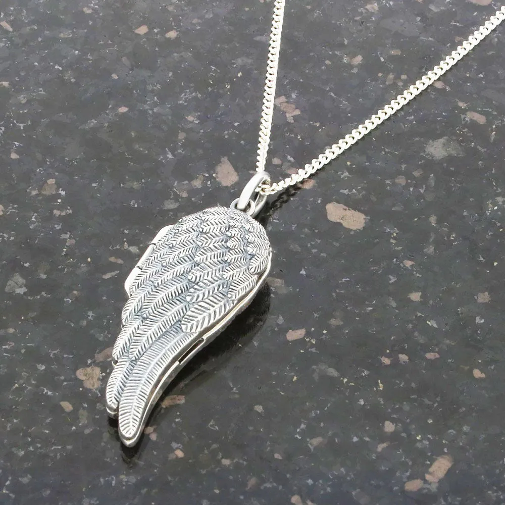 Sterling Silver Angel Wing Ladies Locket Pendant & Chain