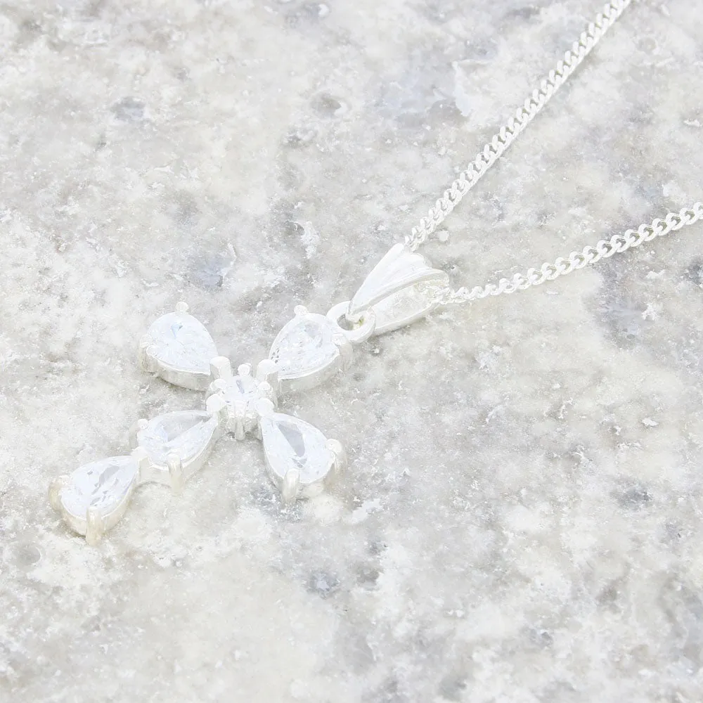 Sterling Silver Cubic Zirconia Cross Pendant And Chain