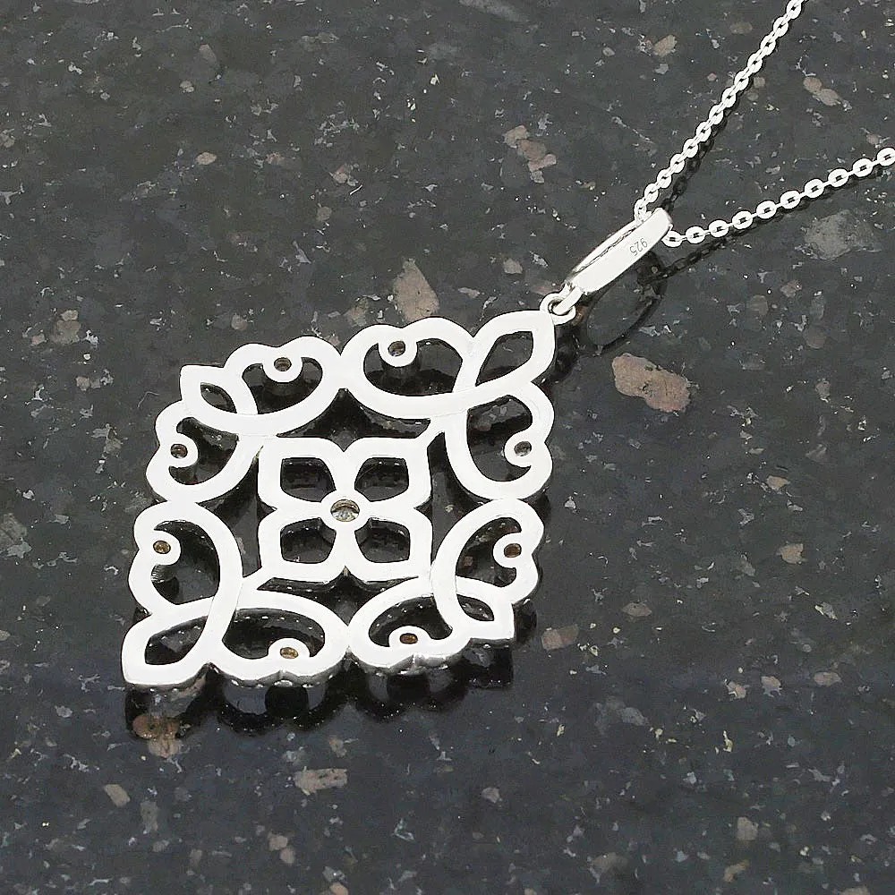 Sterling Silver Cubic Zirconia Filigree Pendant & Chain