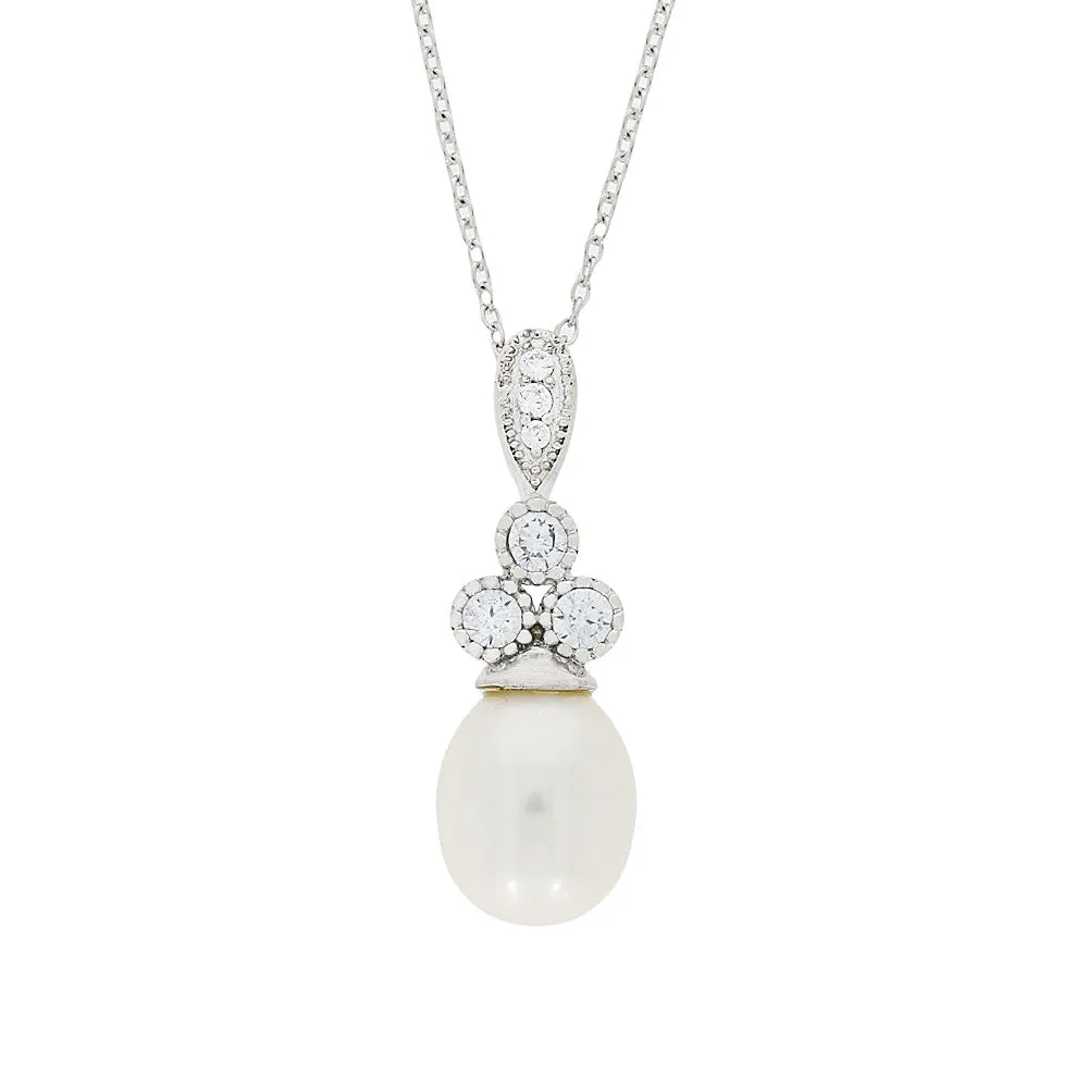 Sterling Silver Freshwater Pearl Cubic Zirconia Ladies Necklace