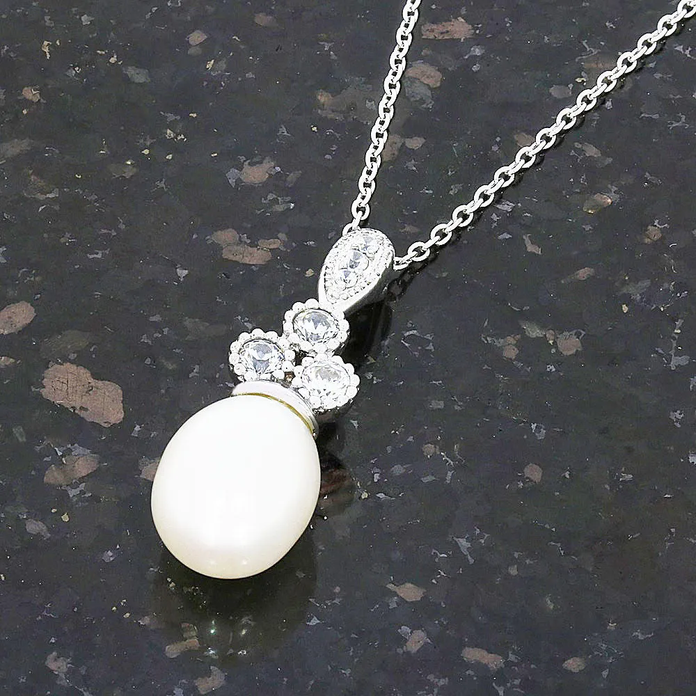 Sterling Silver Freshwater Pearl Cubic Zirconia Ladies Necklace