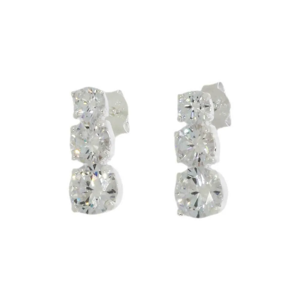 Sterling Silver Ladies Cubic Zirconia Triple Drop Stud Earrings