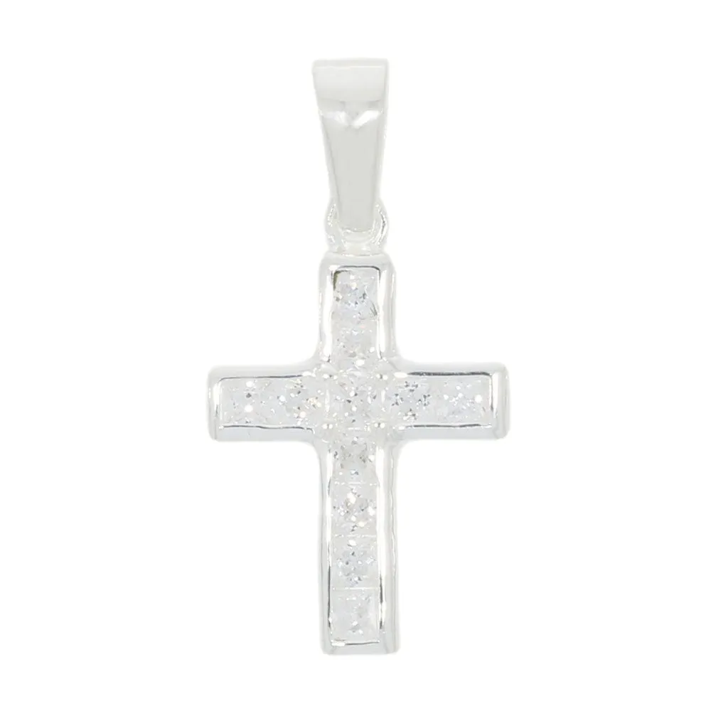 Sterling Silver Ladies CZ Cross Pendant & Chain