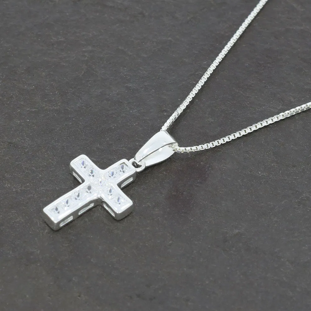 Sterling Silver Ladies CZ Cross Pendant & Chain