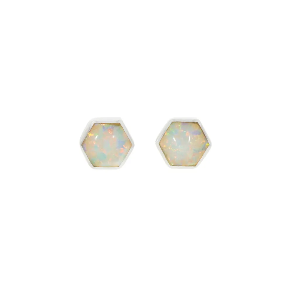 Sterling Silver Opalique Ladies Small Hexagonal Stud Earrings