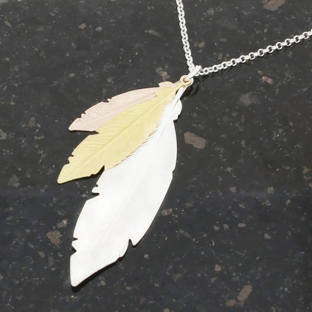 Sterling Silver Three Colour Ladies Triple Feather Necklace
