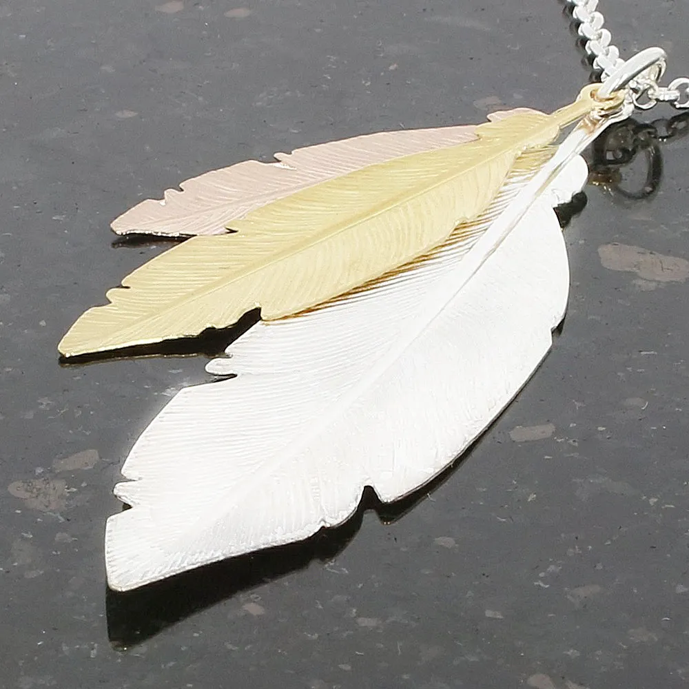 Sterling Silver Three Colour Ladies Triple Feather Necklace