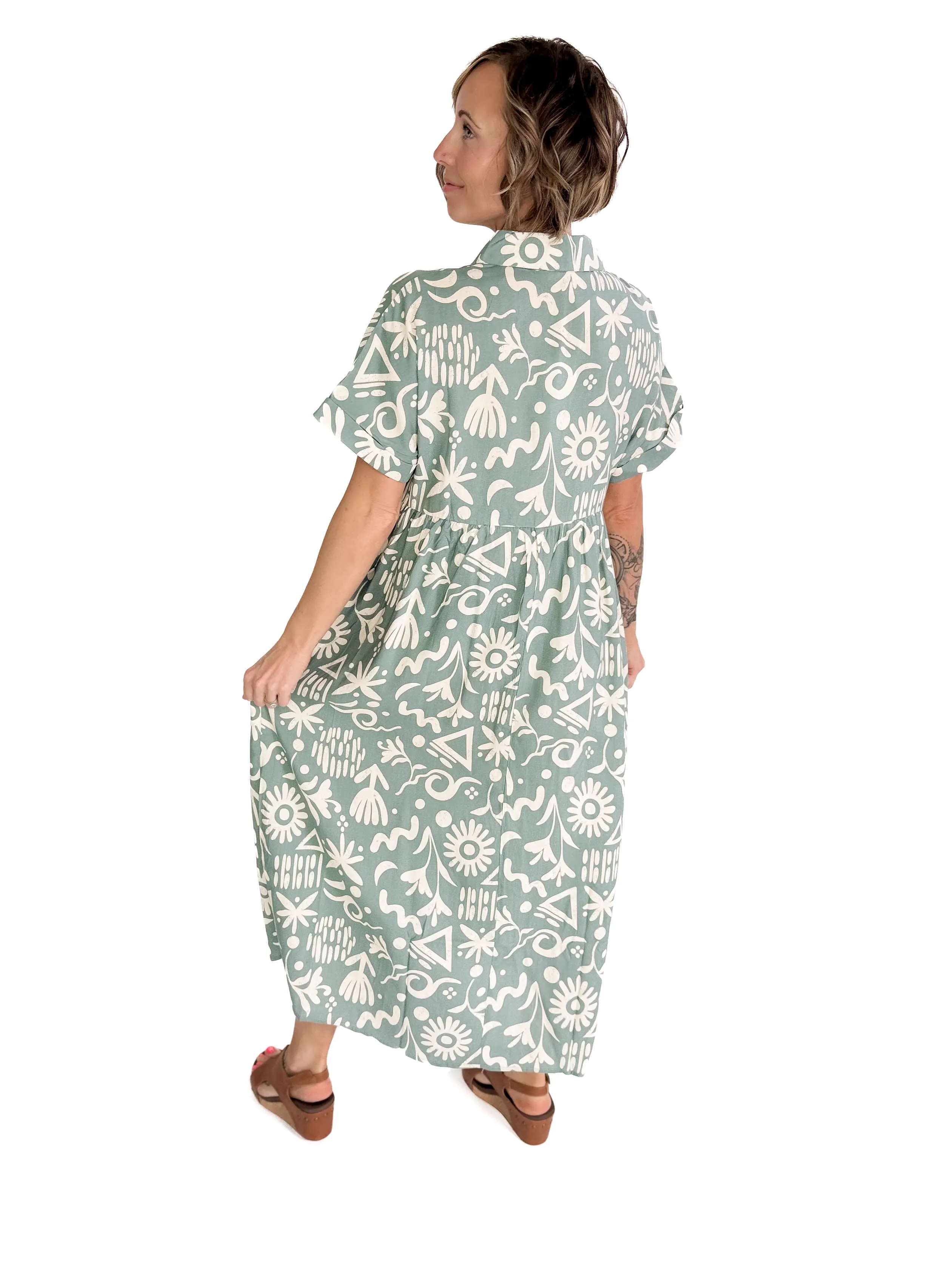Sundown Button Midi Dress- SAGE