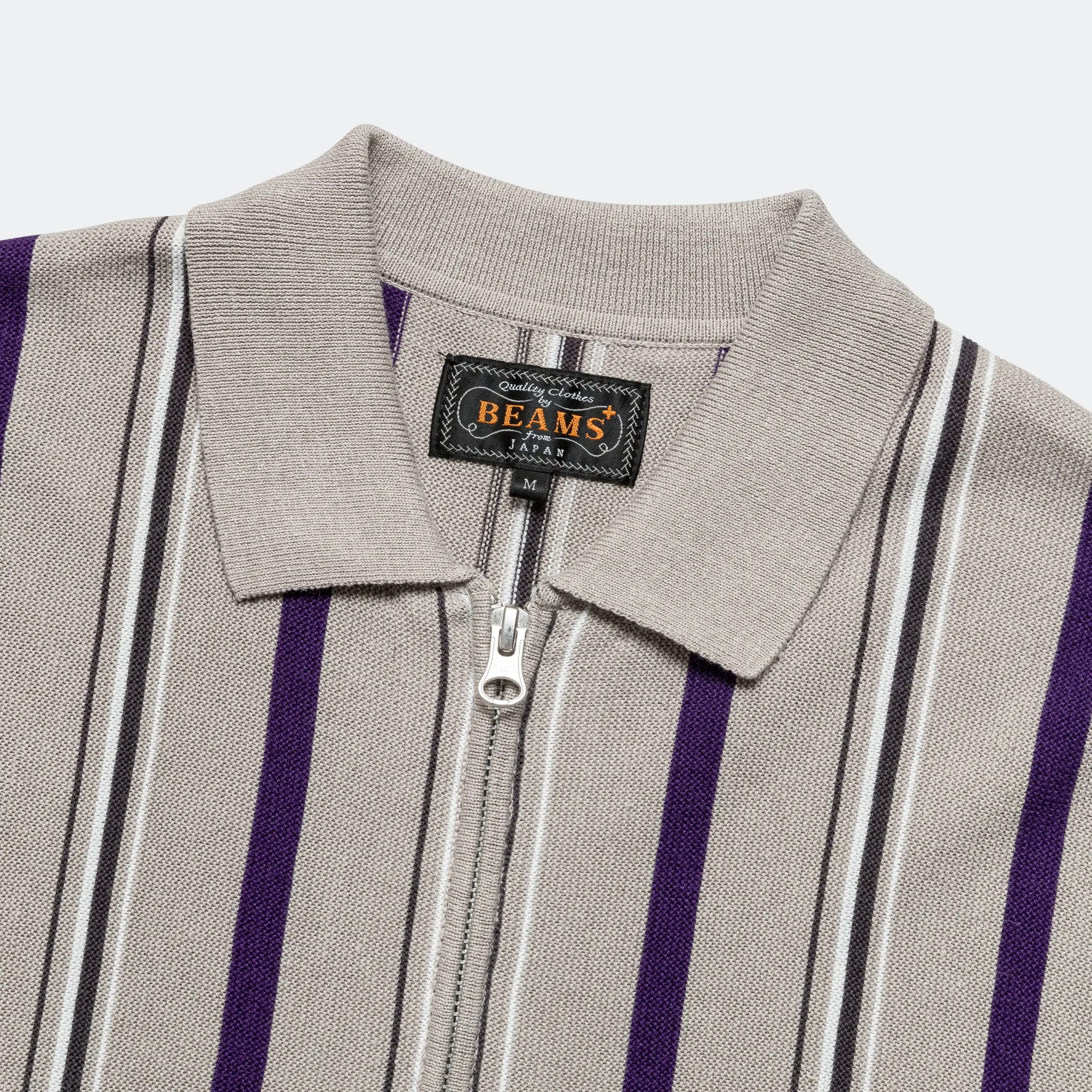 Zip Knit Stripe Polo - Light Grey