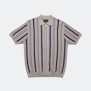 Zip Knit Stripe Polo - Light Grey