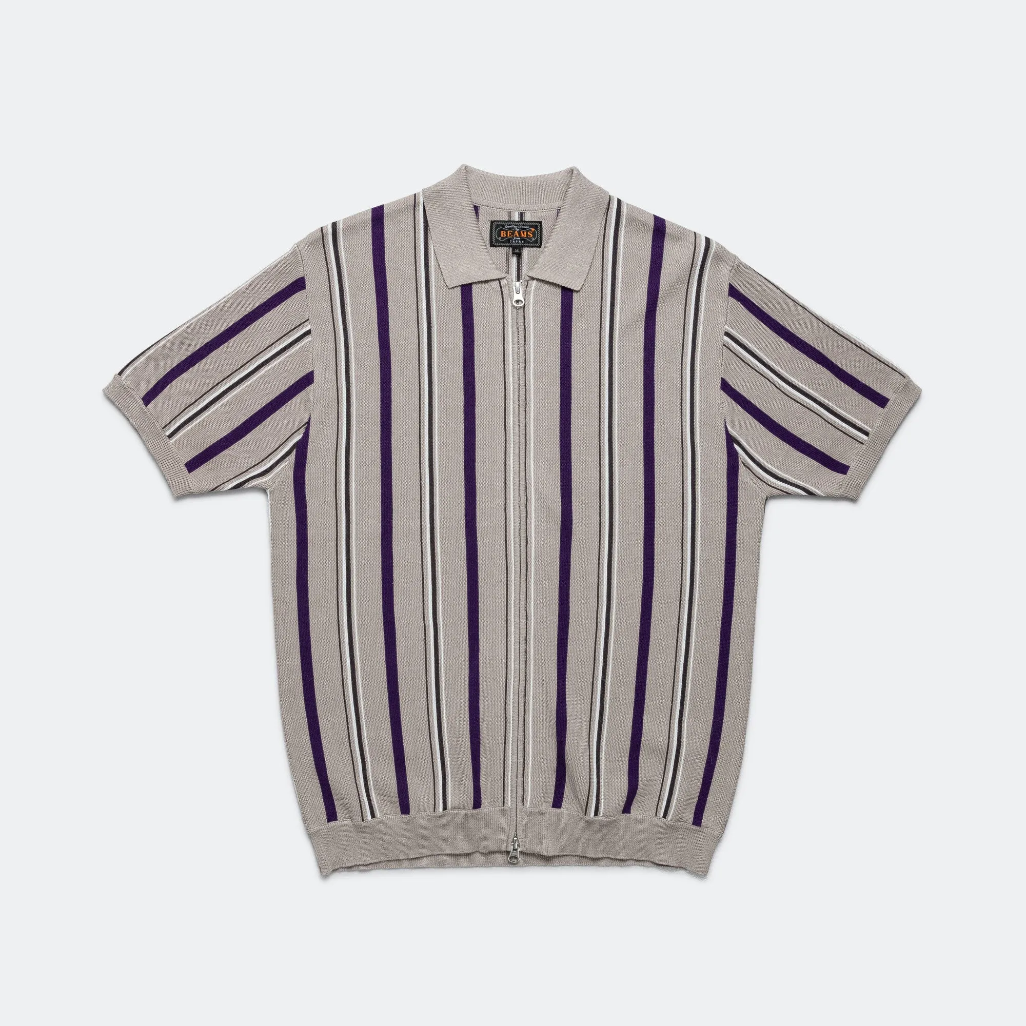 Zip Knit Stripe Polo - Light Grey